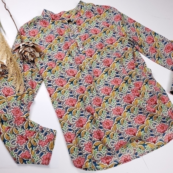 TALBOTS Cream Pink Tan Floral Print Casual Button Down Top Sz M - Picture 7 of 13